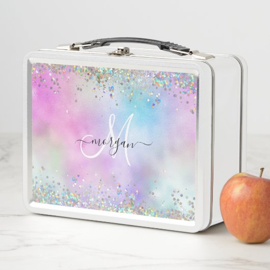 Holografischer Glitzer Rainbow Pastors Monogram Metall Brotdose (Beispiel)