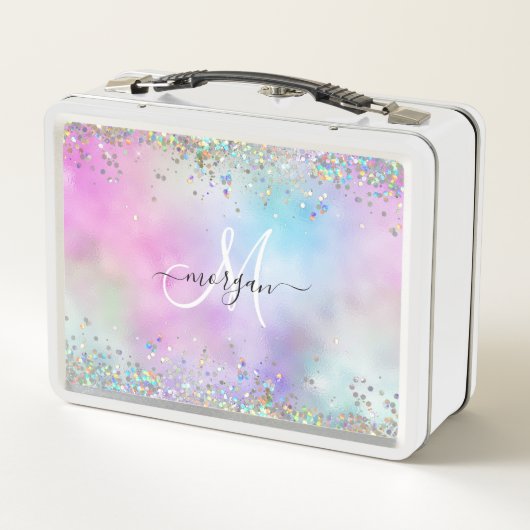 Holografischer Glitzer Rainbow Pastors Monogram Metall Brotdose (Rückseite)