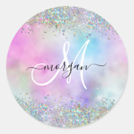 Holografischer Glitzer Rainbow Pastors Monogram Runder Aufkleber