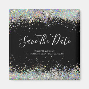 Holografischer Glitzer Save the Date Elegant Black Magnet