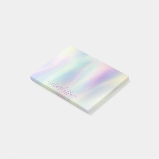 Holografischer Iridescent Pastel Rainbow Name Post-it Klebezettel (angewinkelt)