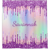 Holografischer lila Glitzer Tropfen rosa Monogramm Duschvorhang (Vorderseite)