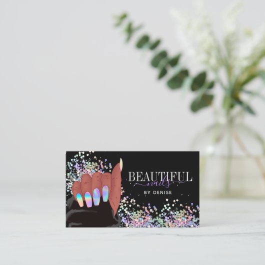 Holografischer Nagelsalon afroamerikanischer Hand Visitenkarte (Stehend Vorderseite)
