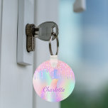 Holografischer Name des Regenbogenmonogramms für U Schlüsselanhänger<br><div class="desc">Ein angesagter holografischer Hintergrund mit Einhorn- und Regenbogenfarben in Rosa,  lila,  Rose Gold,  Minzgrün. Dekoriert mit Imitaten Glitzer Tropfen in Rose Gold,  Rosa und lila. Personalisieren Sie Ihren Namen und fügen Sie ihn hinzu. Lila Buchstaben. Ein bisschen Alltagsglanz,  um den Tag angenehm zu gestalten!</div>