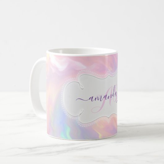 Holografischer Name Monogram Girly Pink Quinceañer Kaffeetasse (Vorderseite Links)