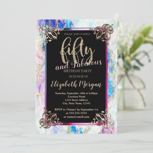 Holografischer Opal, Grenze 50. Geburtstag Einladung (Stehend Vorderseite)