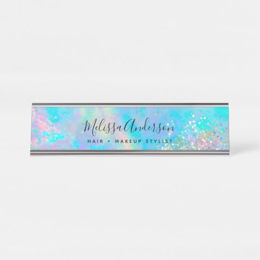 Holografischer Opal Stone Glitzer Calligraphy Schreibtischnamensplakette (Vorderseite )