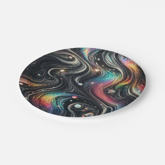 Holografischer Rainbow-Glitzer 70er Galactic Creat Pappteller (Schrägansicht)