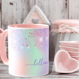 Holografischer rosa Glitzer lila grüner Regenbogen Tasse