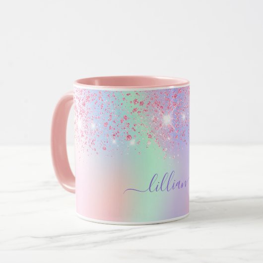 Holografischer rosa Glitzer lila grüner Regenbogen Tasse (Vorderseite Links)