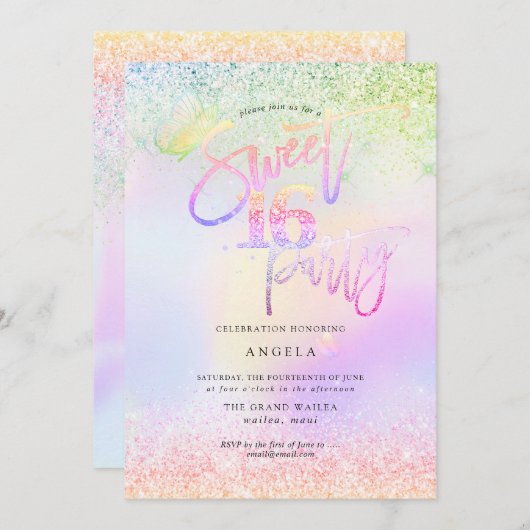 Holografischer Sweet 16 Pink Diamond Glitzer Einladung (Vorne/Hinten)