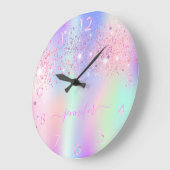 Holografisches Einhorn-Glitzer-Regenbogenmonogramm Große Wanduhr (Winkel)