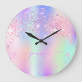 Holografisches Einhorn-Glitzer-Regenbogenmonogramm Große Wanduhr (Vorderseite)