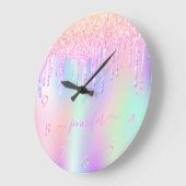 Holografisches Einhorn-Glitzer-Tropfen-Regenbogenm Große Wanduhr (Winkel)