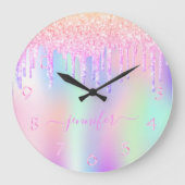 Holografisches Einhorn-Glitzer-Tropfen-Regenbogenm Große Wanduhr (Vorderseite)