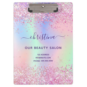 Holografisches Geschäft mit lila Glitzer in Rosa Klemmbrett