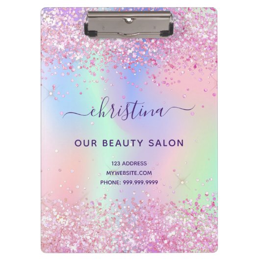 Holografisches Geschäft mit lila Glitzer in Rosa Klemmbrett (Vorderseite)