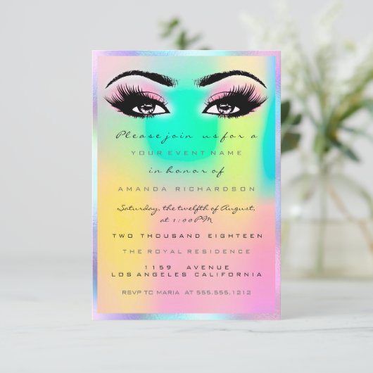 Holografisches Pink Makeup Bridal Sweet 16. Einladung (Stehend Vorderseite)