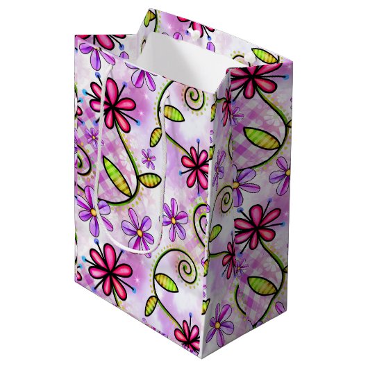 Holografisches Rainbow-Floral-Collage Mittlere Geschenktüte (Vorderseite Schrägansicht)