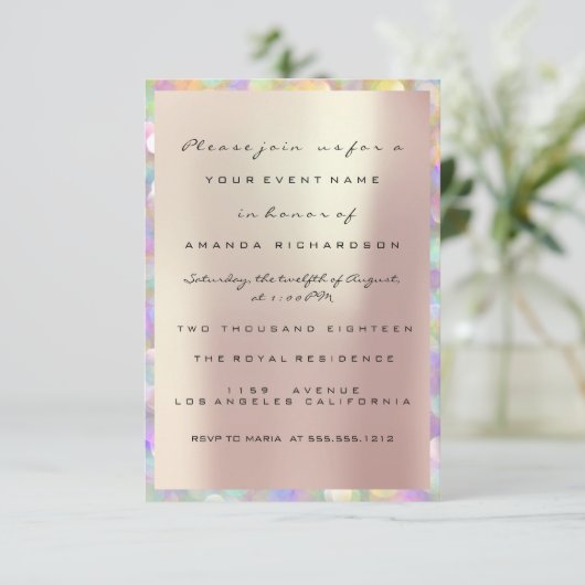 Holografisches Rosa Brautparty Sweet 16. PEARLY Einladung (Stehend Vorderseite)