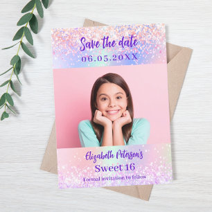Holografisches rosa lila Foto Sweet 16 Save The Date