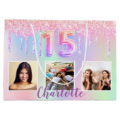 holografisches Rosa Quinceanera-Foto Große Geschenktüte (Rückseite)