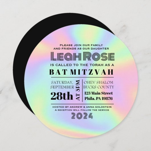 Hologram Iridescent Rainbow Bat Mitzvah Einladung (Vorne/Hinten)