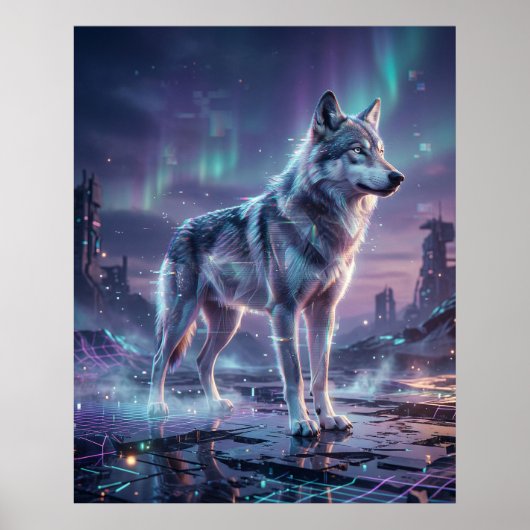 Hologramm Wolf Glitch Wüste Poster (Vorne)