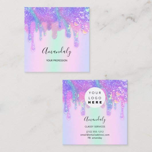 Holograph Blue Tropfen Cosmetics Nails Custom Logo Quadratische Visitenkarte (Vorne/Hinten)