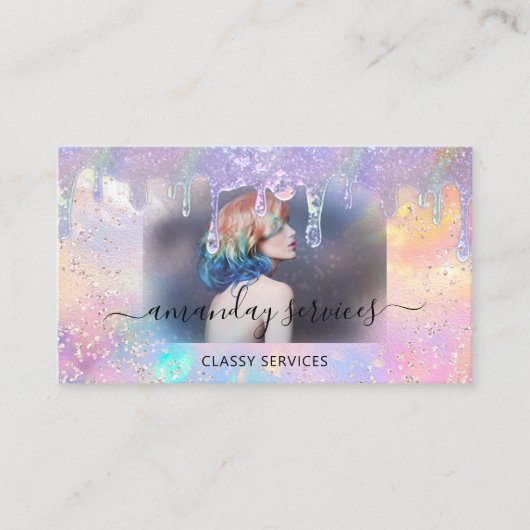 Holograph Boutique Shop Tropfen QR Logo Foto Visitenkarte (Vorderseite)