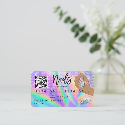 Holograph Credit Card Nail Tech QR Code Visitenkarte (Stehend Vorderseite)