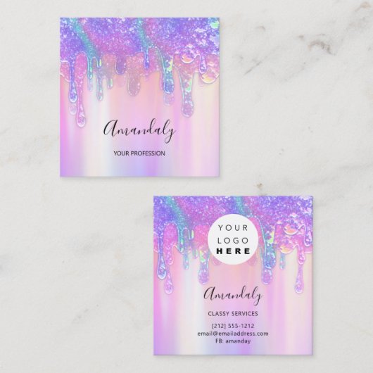 Holograph Tropfen Kosmetik Nägel Rosa Logo Beauty Quadratische Visitenkarte (Vorne/Hinten)