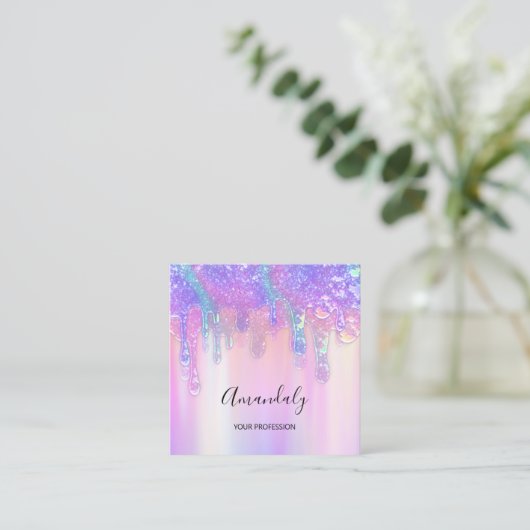 Holograph Tropfen Kosmetik Nägel Rosa Logo Beauty Quadratische Visitenkarte (Stehend Vorderseite)