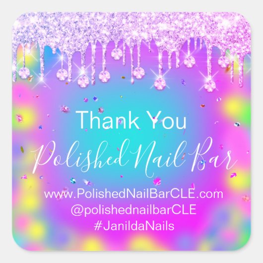 Holograph Vielen Dank Diamond Tropfen Nails Hot Pi Quadratischer Aufkleber (Vorderseite)