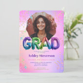 Holographic Balloon Letters Abschluss 2 Fotos Einladung (Stehend Vorderseite)