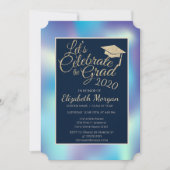 Holographic Blue Glitzer Graduation Cap Abschluss Einladung (Vorderseite)