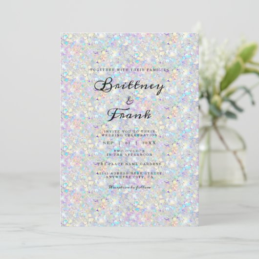 Holographic Blue Glitzer Modernes Weiß Elegant Einladung (Stehend Vorderseite)