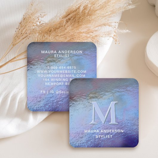 Holographic Blue Lila Modern Monogram Elegant Quadratische Visitenkarte