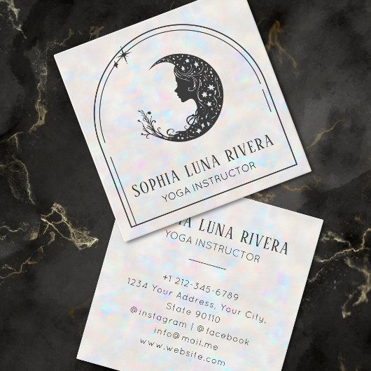 Holographic Boho Arch Celestial Crescent Moon Yoga Quadratische Visitenkarte