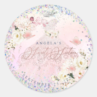 Holographic Confetti 16 . Geburtstag Blush Pink Go Runder Aufkleber