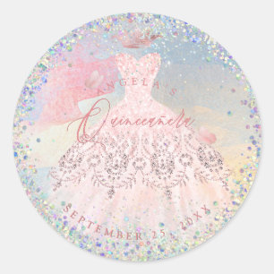 Holographic Confetti Quinceanera Blush Gown Runder Aufkleber