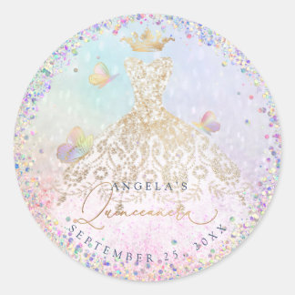 Holographic Confetti Quinceanera White Gold Gown C Runder Aufkleber
