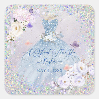 Holographic Confetti Sweet 16 Dusty Blue Gown Quadratischer Aufkleber