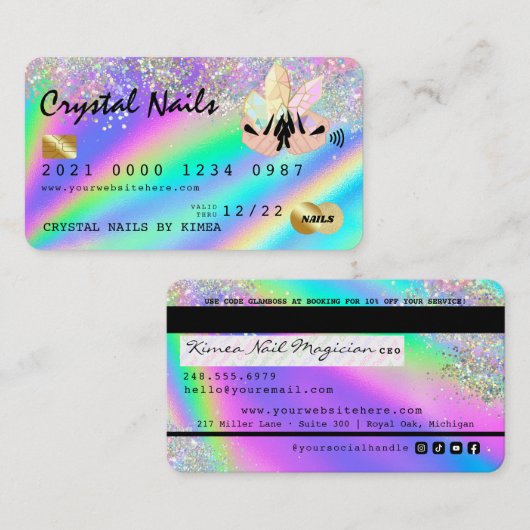 Holographic Crystal Glitzer Nail Tech Kreditkarte Visitenkarte (Vorne/Hinten)