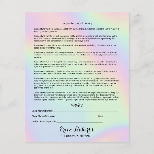 Holographic Eyelash Extensions Liability Waiver Flyer (Hinten)