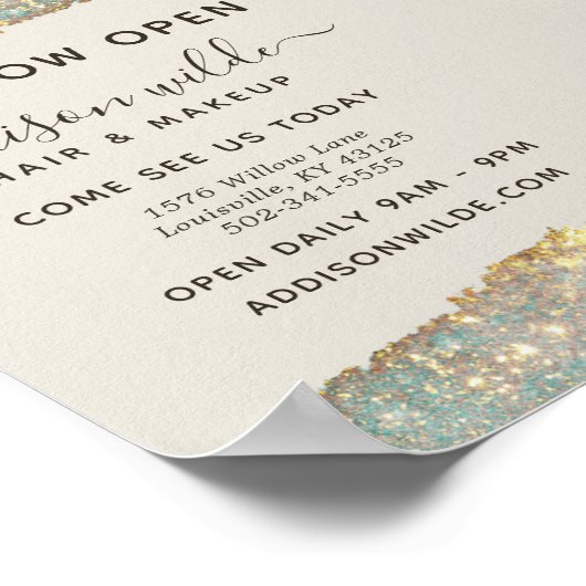 Holographic Glam Glitzer Salon Business Opening Poster (Ecke)