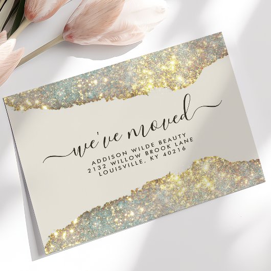 Holographic Glam Glitzer Salon Moving Ankündigung