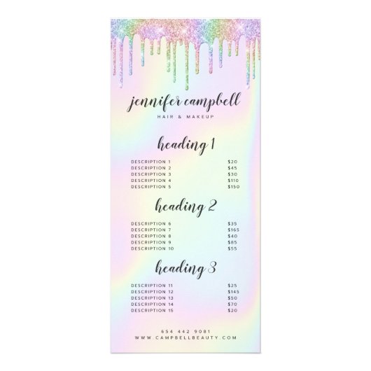 Holographic glitter drips glam salon menu werbekarte (Vorne)