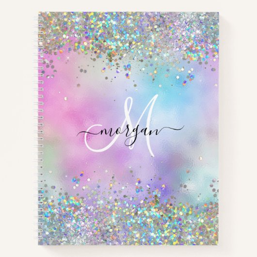 Holographic Glitter Rainbow Pastels Monogram Notizblock (Vorderseite)
