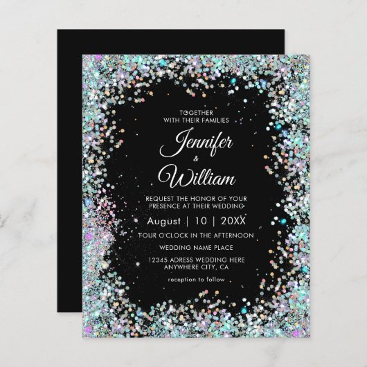 Holographic Glitzer Black Wedding Einladung (Vorne/Hinten)